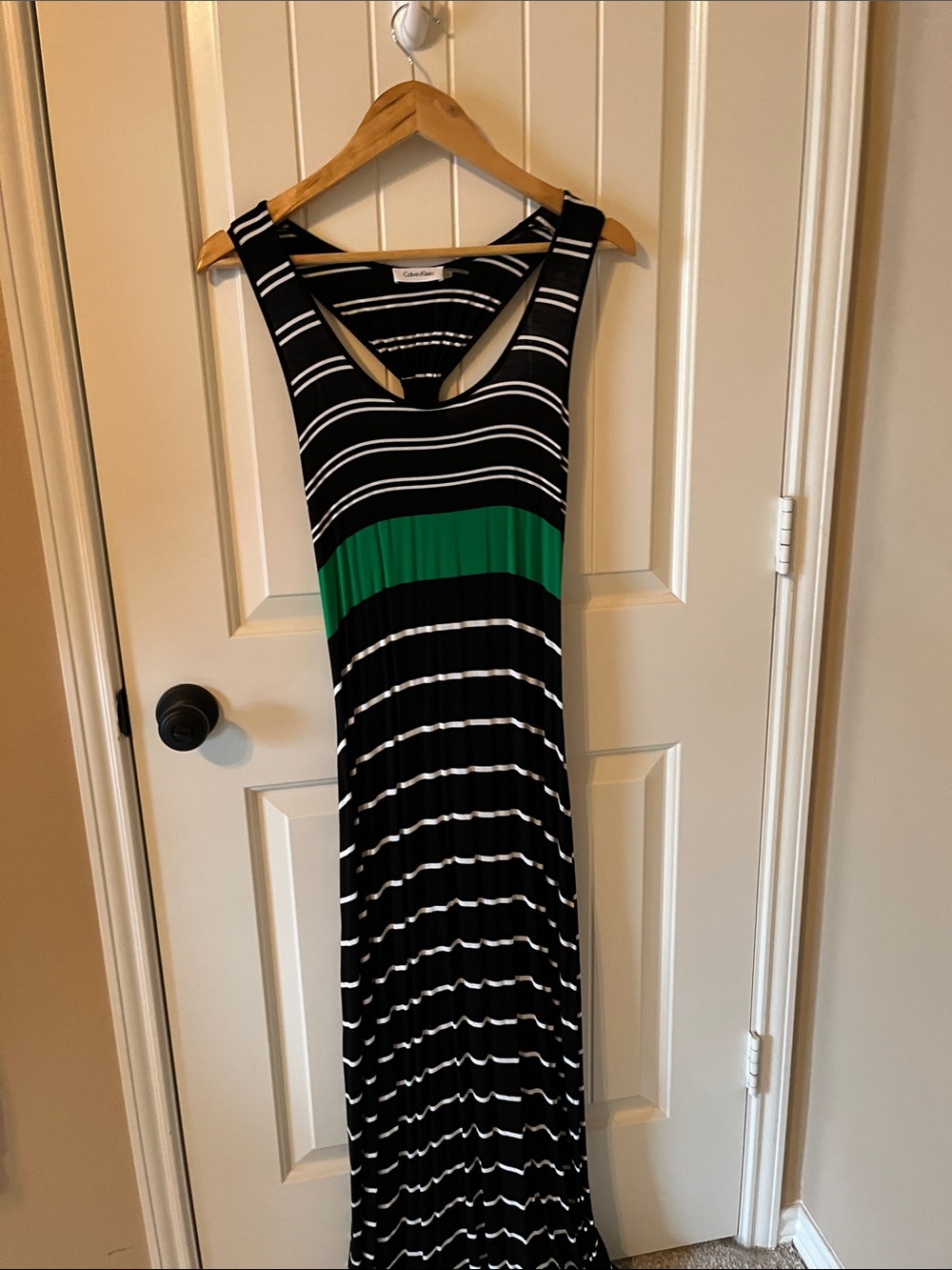 Calvin Klein Black and White Striped Maxi with Green Waist Band